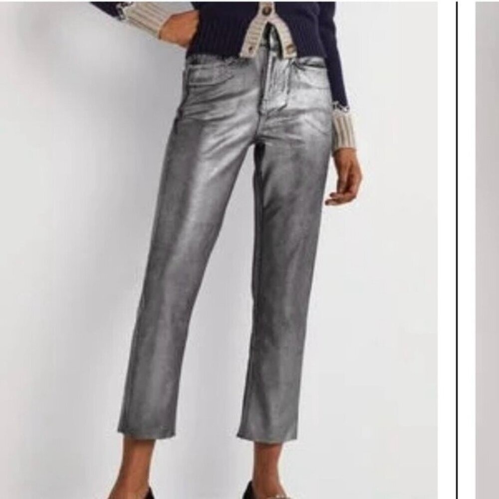 Boden Silver Metallic Coated Crop Jeans Raw Hem Edgy High Rise NWT Sz 12